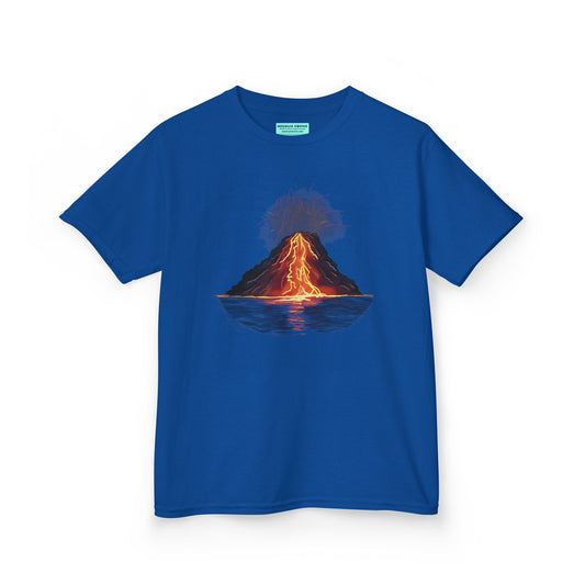 A royal blue kid's t-shirt featuring a fiery illustration of an erupting volcano—because even the most explosive adventures start with a great outfit!