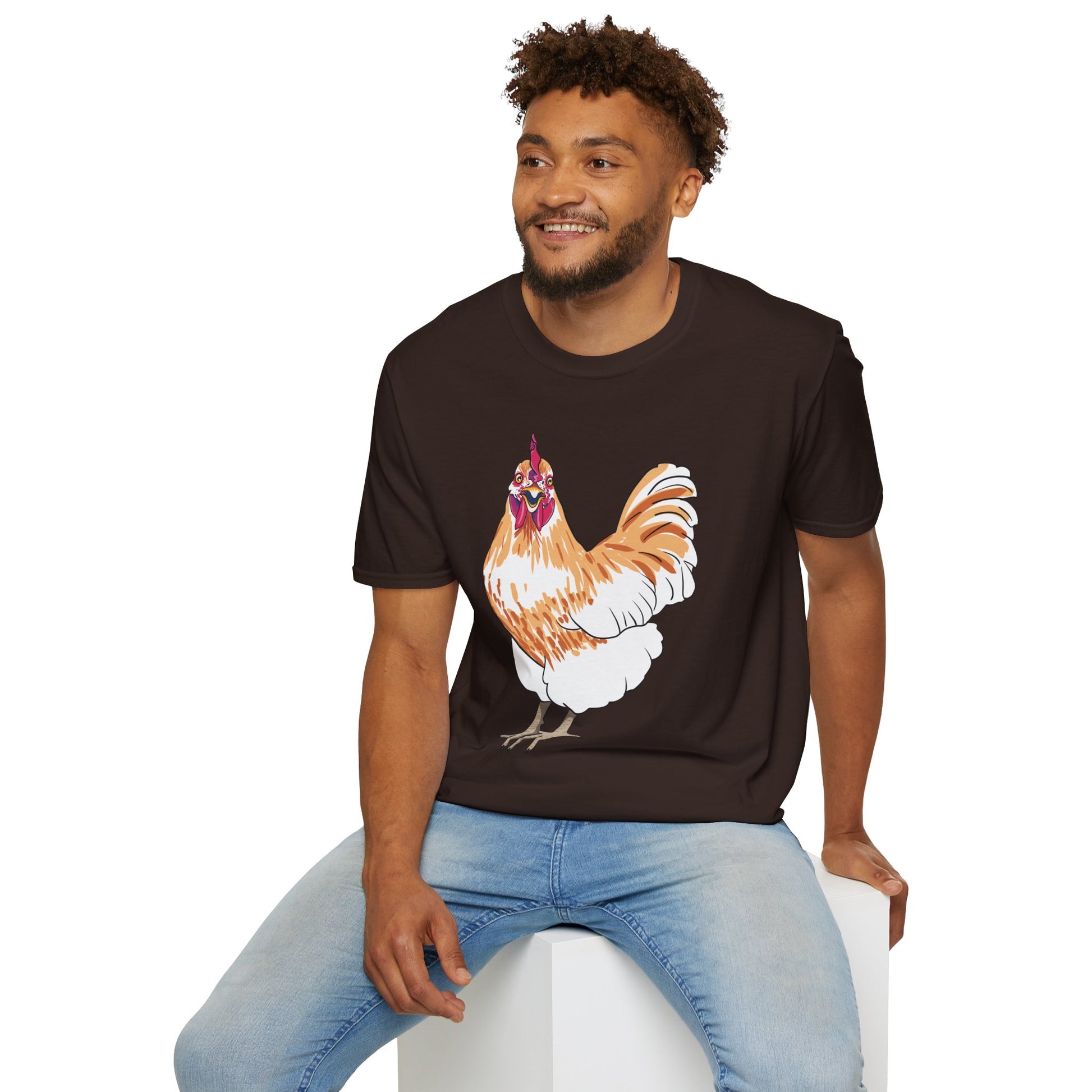 Man wearing a brown t-shirt featuring an illustration of a chicken.
