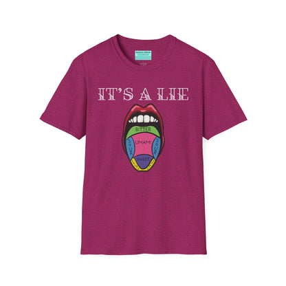 Pink short-sleeve unisex t-shirt featuring a classic tongue taste map with the words “It’s a lie” boldly above it—busting the myth that different parts of your tongue taste different things. Sweet, salty, sour, bitter? Taste buds don’t discriminate!