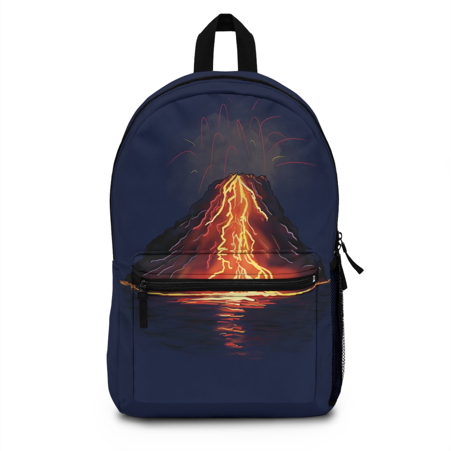 Volcanic Eruption Backpack, Navy Blue Canvas Backpack, Erupting Volcano with Flowing Lava