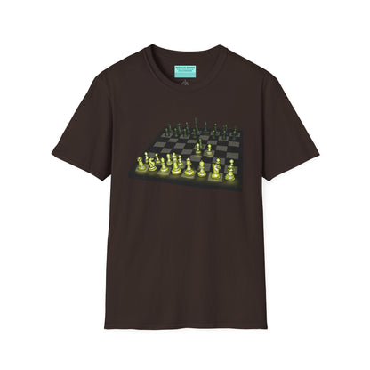 Brown unisex short-sleeve t-shirt featuring an electrifying chess board with glowing pieces mid–Queen’s Gambit, because nothing says “checkmate” like opening with flair and a radiant strategy.