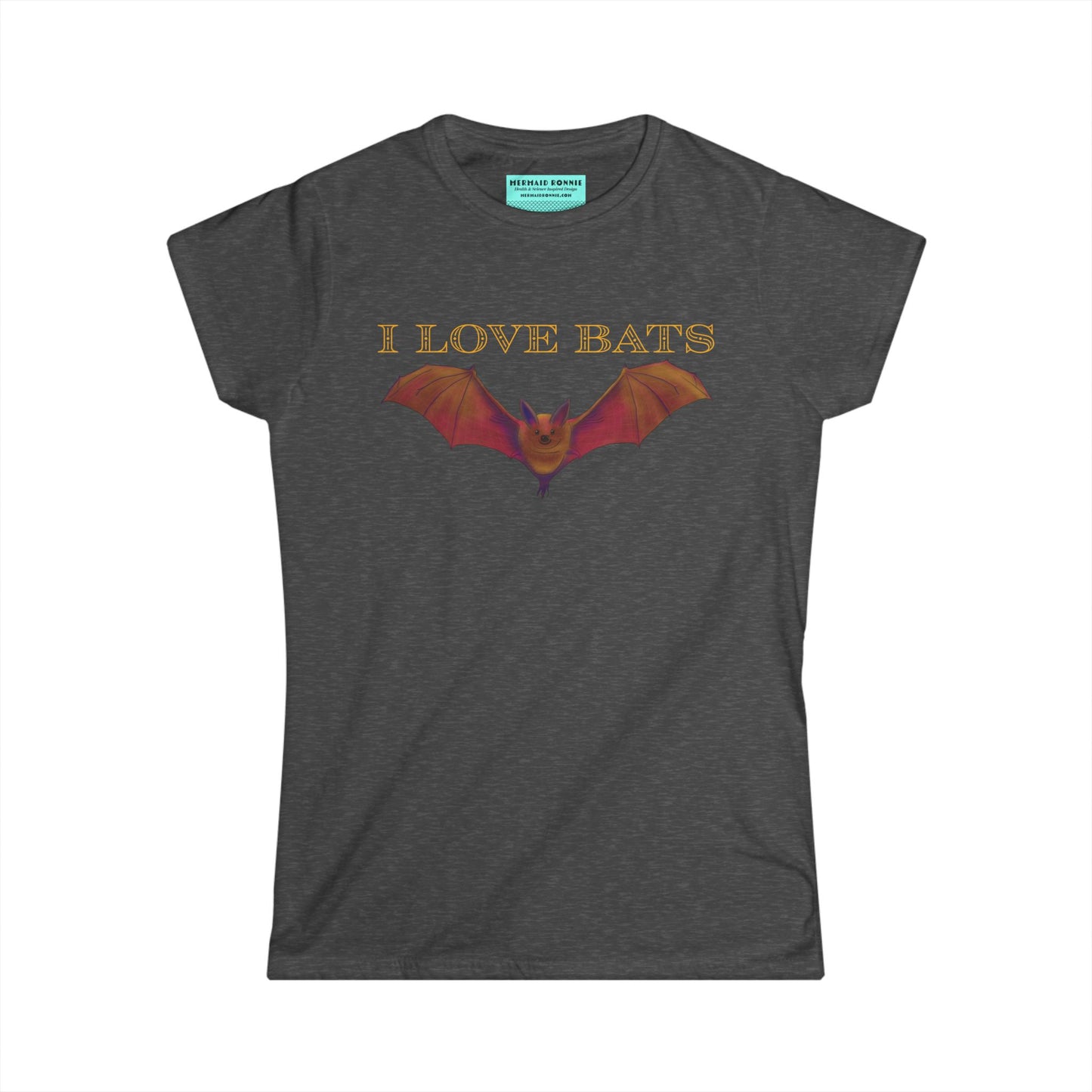 Women’s t-shirt in dark grey featuring a drawing of a brown bat and text that reads 'I love bats.'