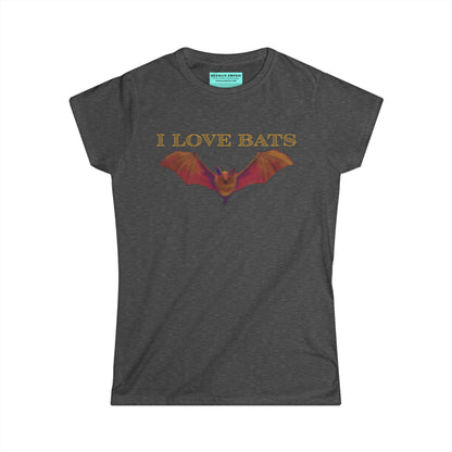 Women’s t-shirt in dark grey featuring a drawing of a brown bat and text that reads 'I love bats.'