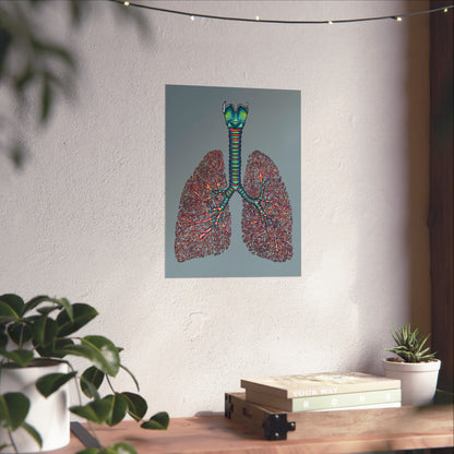 Small poster displayed on a wall in a home setting, featuring an illustration of anatomical lungs with detailed bronchial tree, trachea, and larynx, set against a blue-grey background.