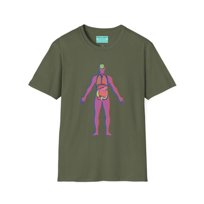 Military green t-shirt featuring an illustration of an anatomical figure with internal organs shown in different colors.