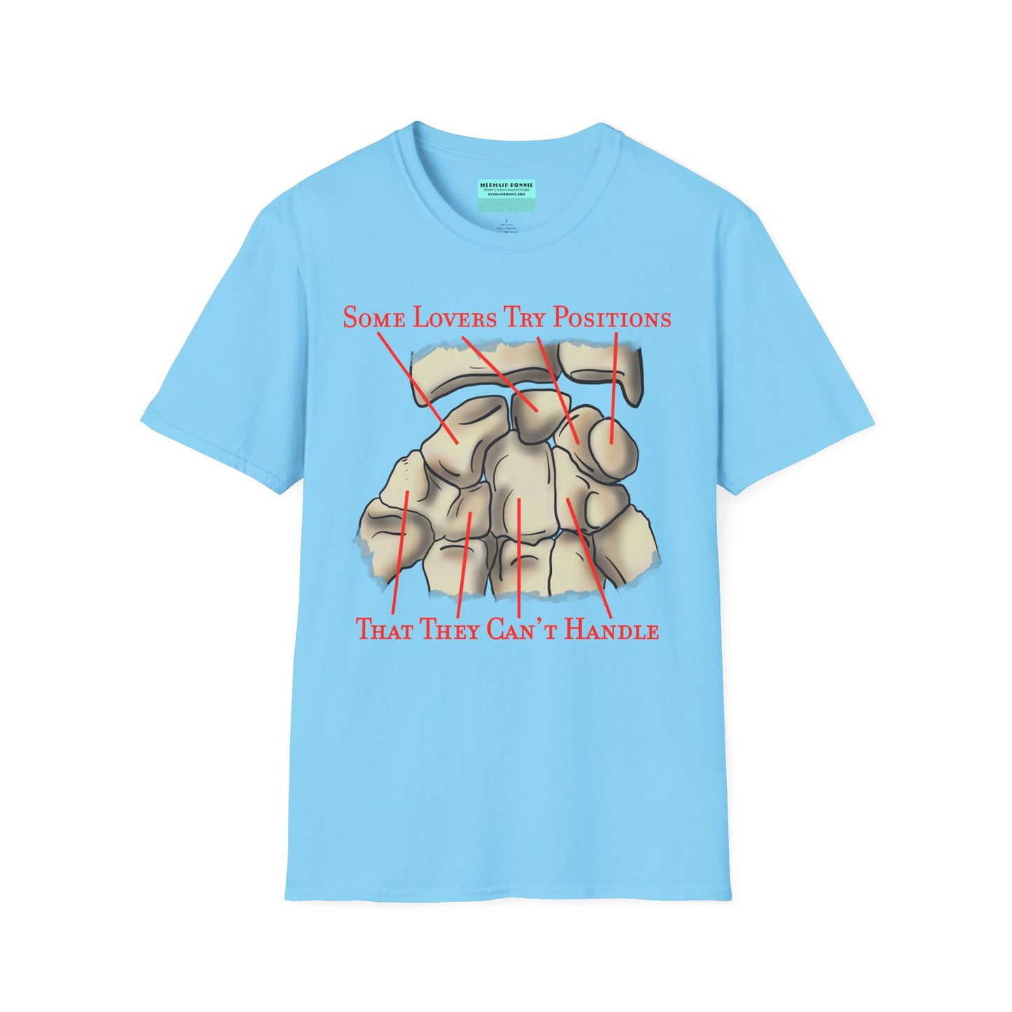 Sky blue t-shirt featuring an anatomical drawing of the carpal bones, with the mnemonic 'Some lovers try positions that they can't handle' displayed.