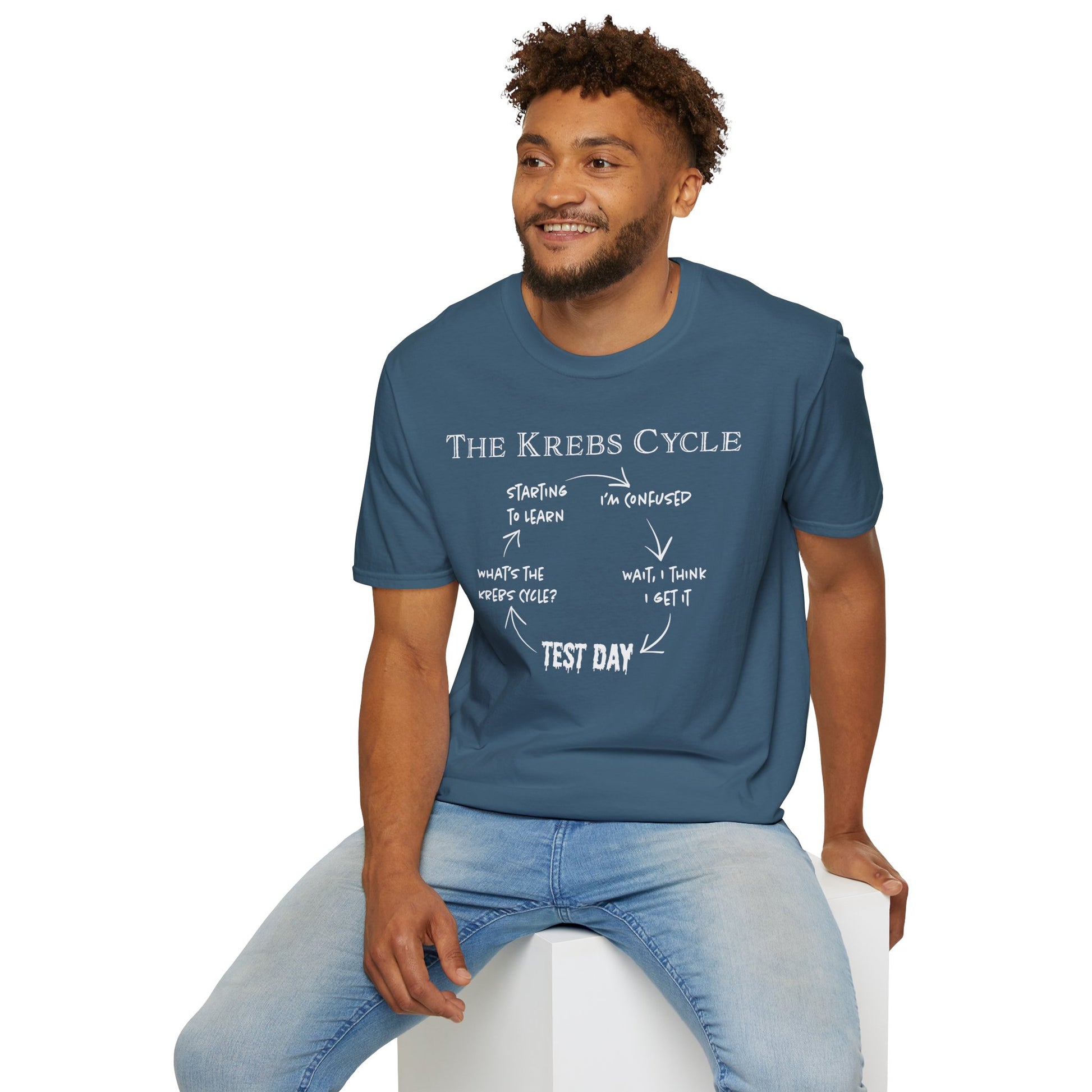 Man wearing a blue short-sleeve unisex t-shirt with the text “The Krebs Cycle” above a circular diagram that pokes fun at how impossible it is to memorize the citric acid cycle—because biochemistry builds character... and tears.