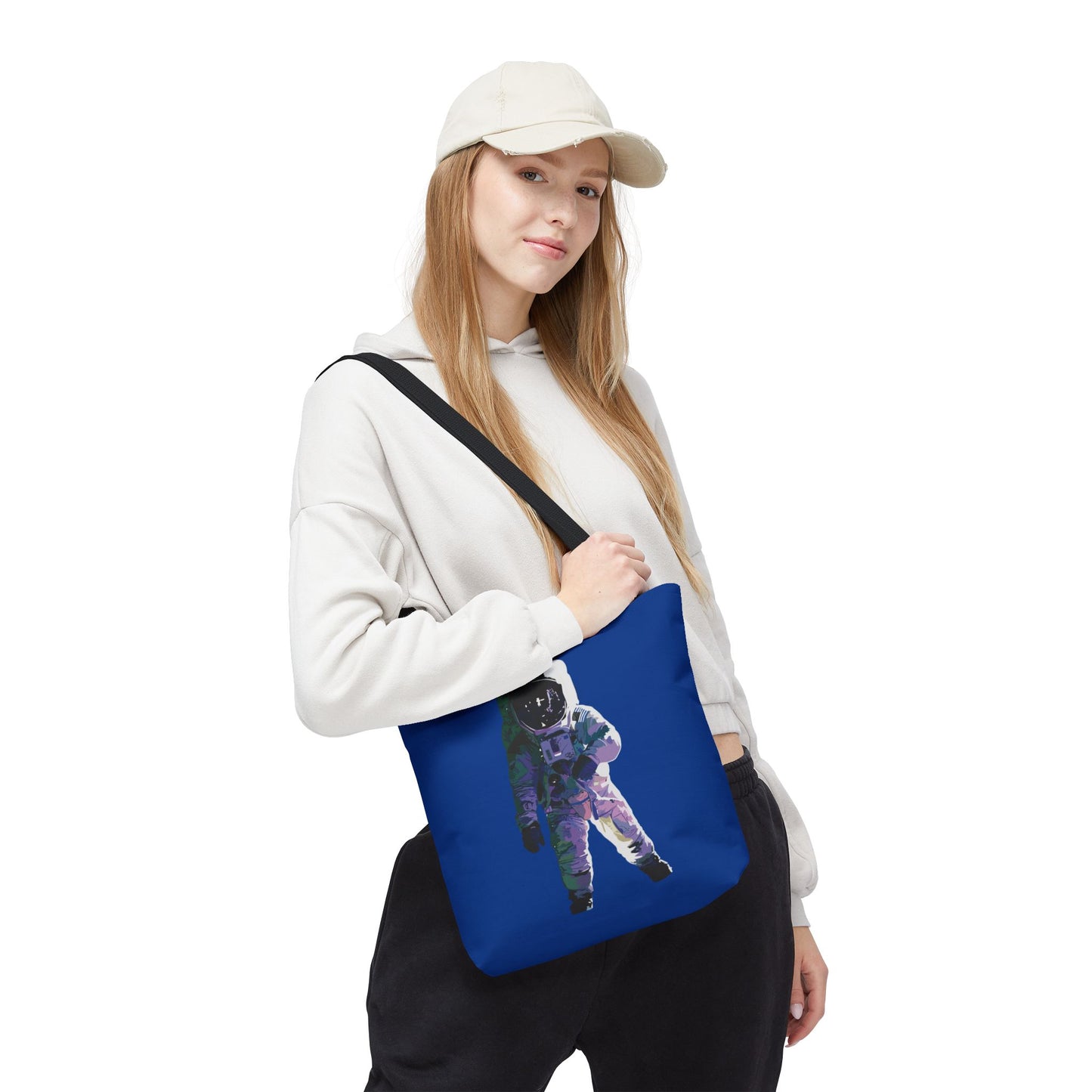 Space Astronaut Tote Bag with Black Handles, Royal Blue Canvas Astronomy Reusable Bag