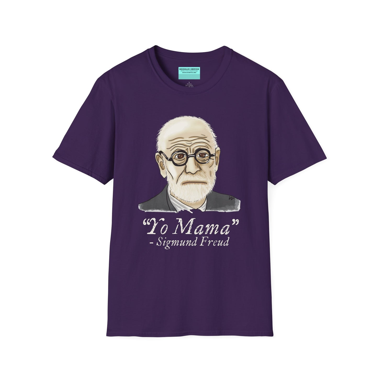 Dark purple unisex short sleeve tee featuring a hand-drawn portrait of Sigmund Freud looking suspiciously insightful, with the phrase "Yo mama" playfully printed below—because sometimes, every complex issue really does go back to your mother.