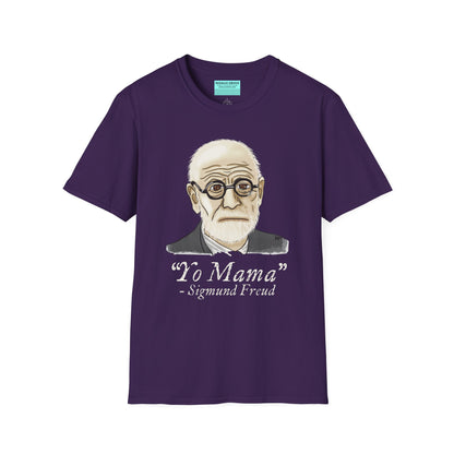 Dark purple unisex short sleeve tee featuring a hand-drawn portrait of Sigmund Freud looking suspiciously insightful, with the phrase "Yo mama" playfully printed below—because sometimes, every complex issue really does go back to your mother.