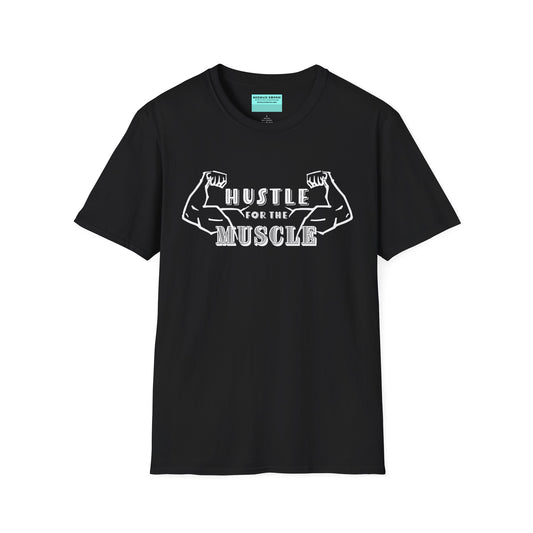 Black unisex short sleeve t-shirt featuring a pair of flexed, muscle-bound arms and the bold text "Hustle for the Muscle"—because gains don’t come from wishes, they come from reps.