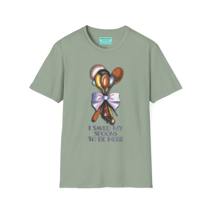 Green t-shirt with an illustration of a bouquet of spoons and the phrase 'I saved my spoons to be here' printed on the front.