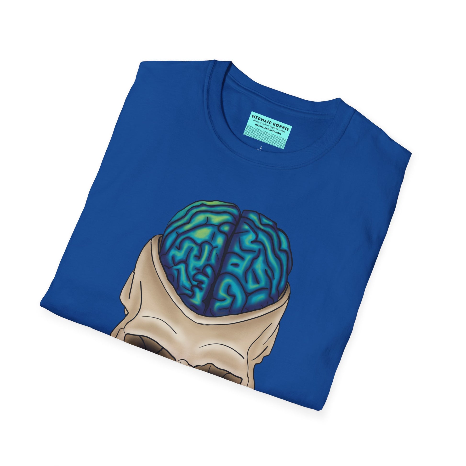 Folded blue t-shirt featuring a drawing of an anatomical skull, with a brain emerging from the top.