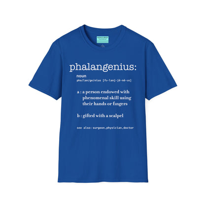 Royal blue t-shirt featuring a dictionary-style definition of the term 'Phalangenius,' a humorous play on the terms 'phalange' and 'genius,' aimed at surgeons.
