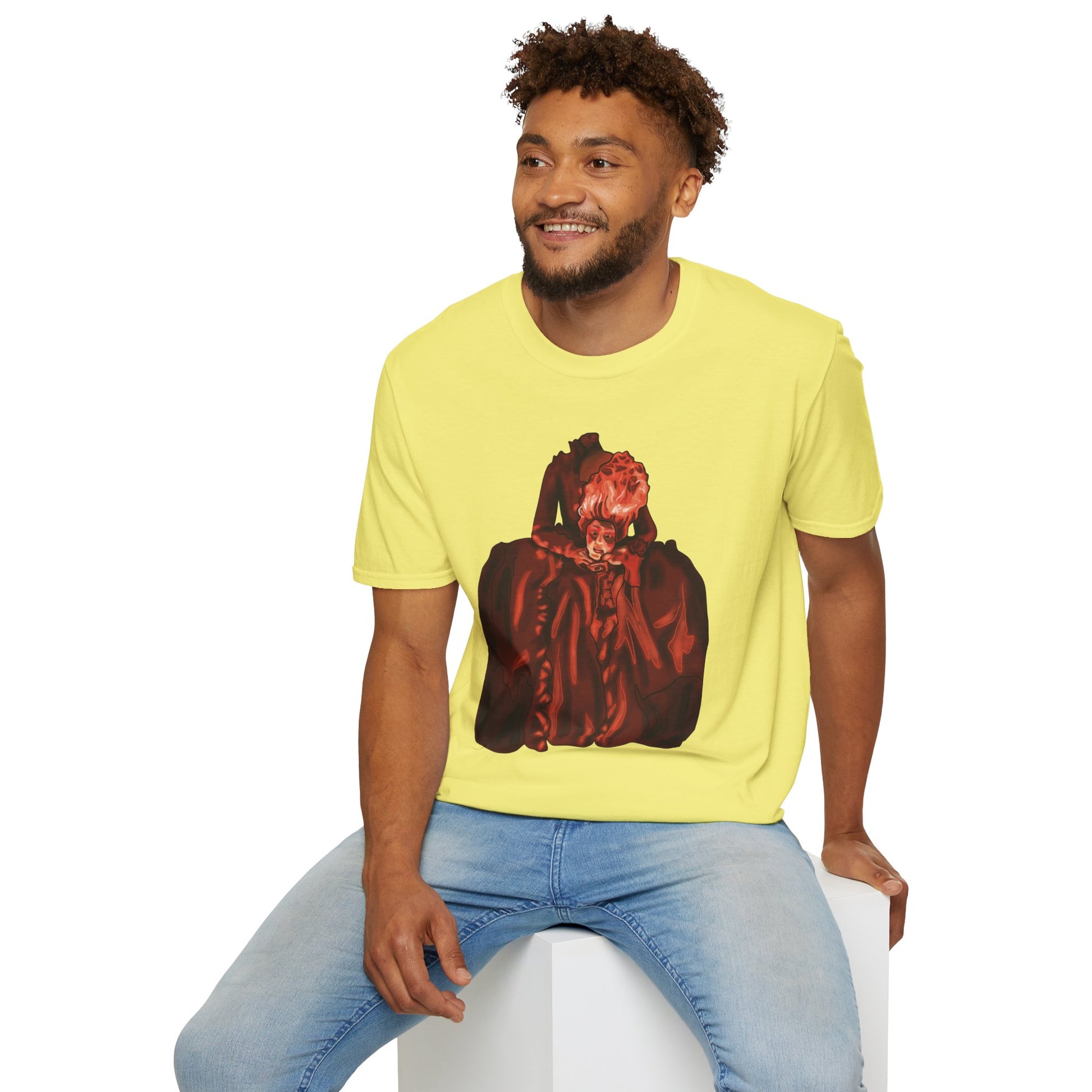 Man wearing a yellow t-shirt featuring an illustration of a headless Marie Antoinette holding her own head in her hands.