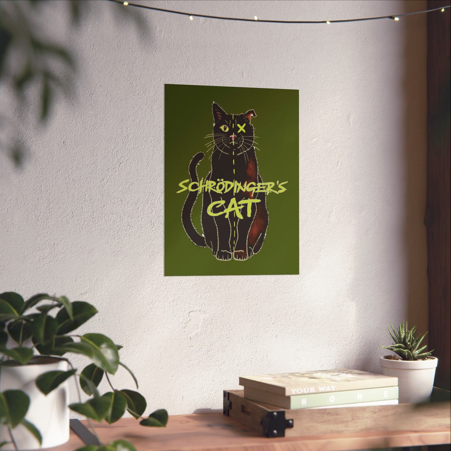 Schrodinger's Cat Art Print Poster, Green Physics Poster, Black Cat Wall Art