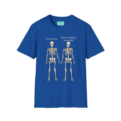 Royal blue unisex short sleeve t-shirt featuring two skeletons side by side—one labeled "normal," the other "Ehlers-Danlos Syndrome"—because connective tissue disorders deserve more visibility (and maybe a sense of humor, too).