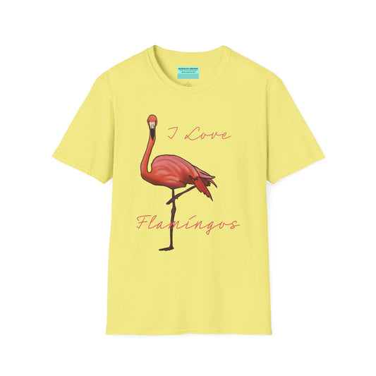 Yellow unisex short-sleeve tee with a fabulously pink flamingo strutting its stuff and the words “I love flamingos” — for anyone whose spirit animal stands on one leg.