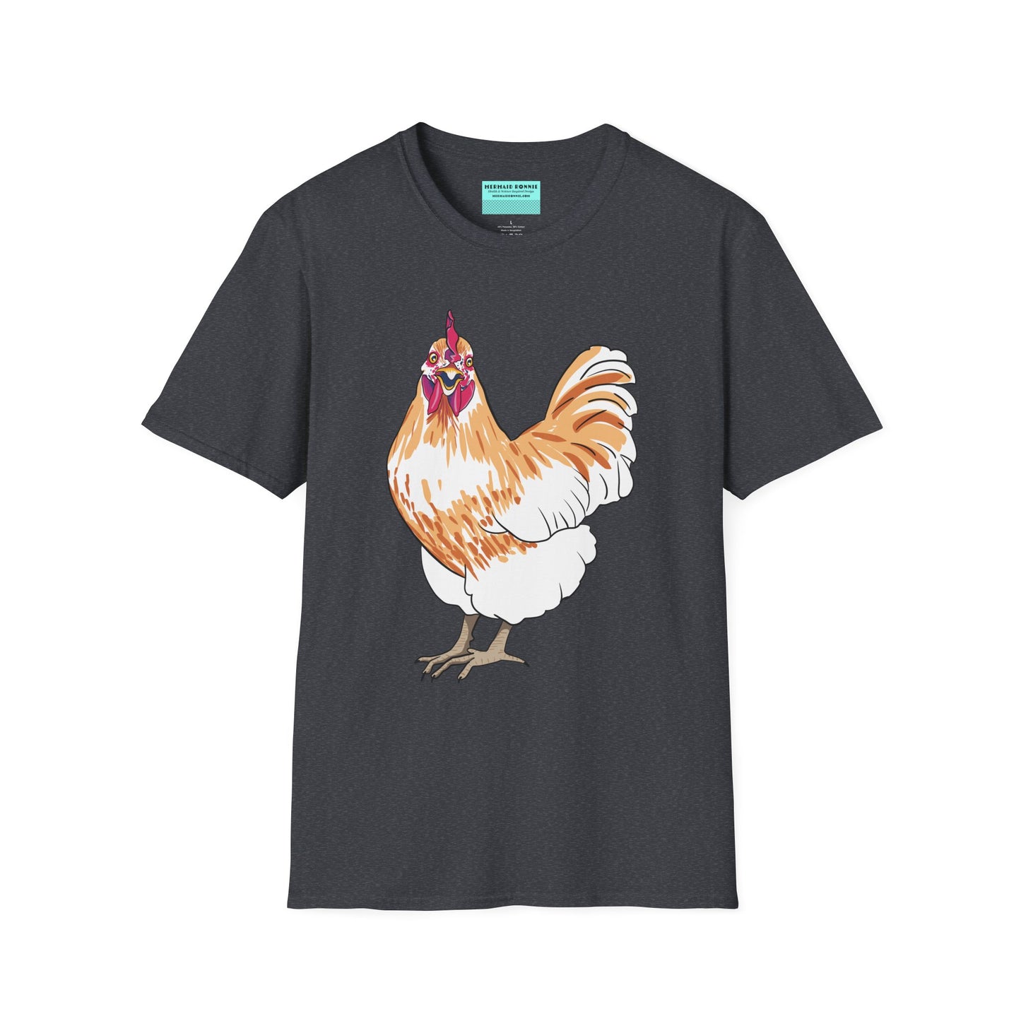 Darker grey t-shirt featuring an illustration of a chicken.