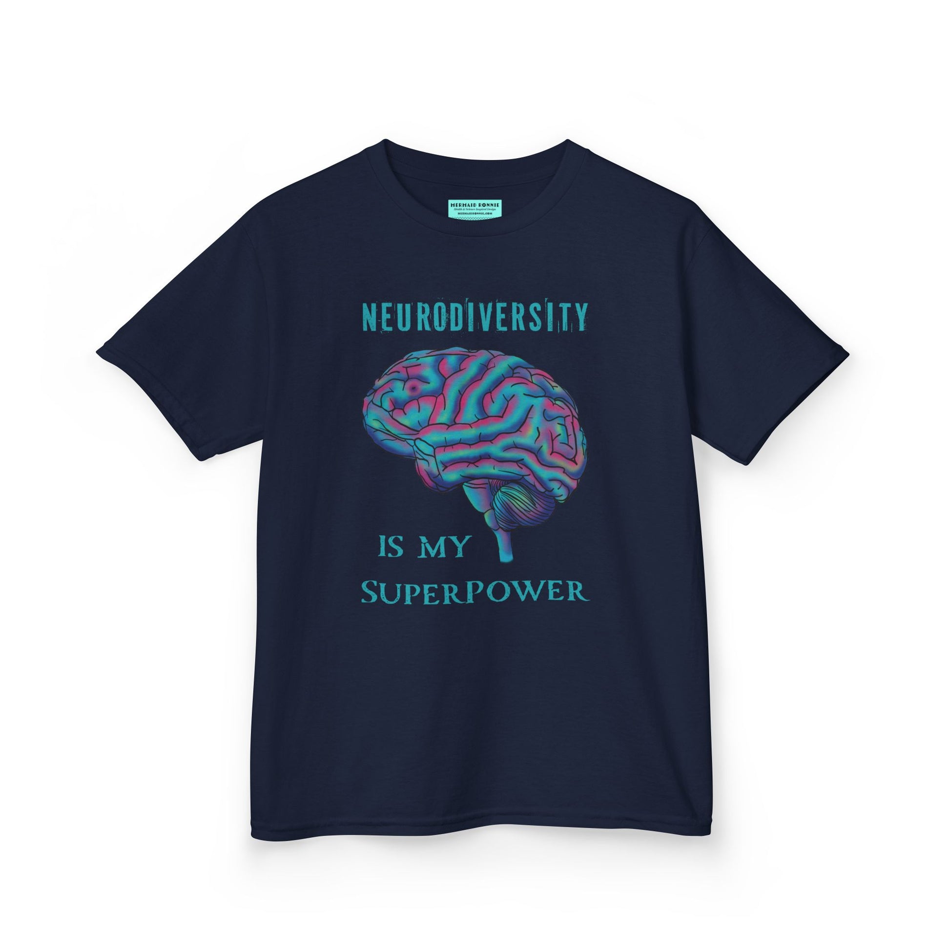 Navy unisex kids' t-shirt featuring a drawing of an anatomical brain and the text 'Neurodiversity is my superpower.'