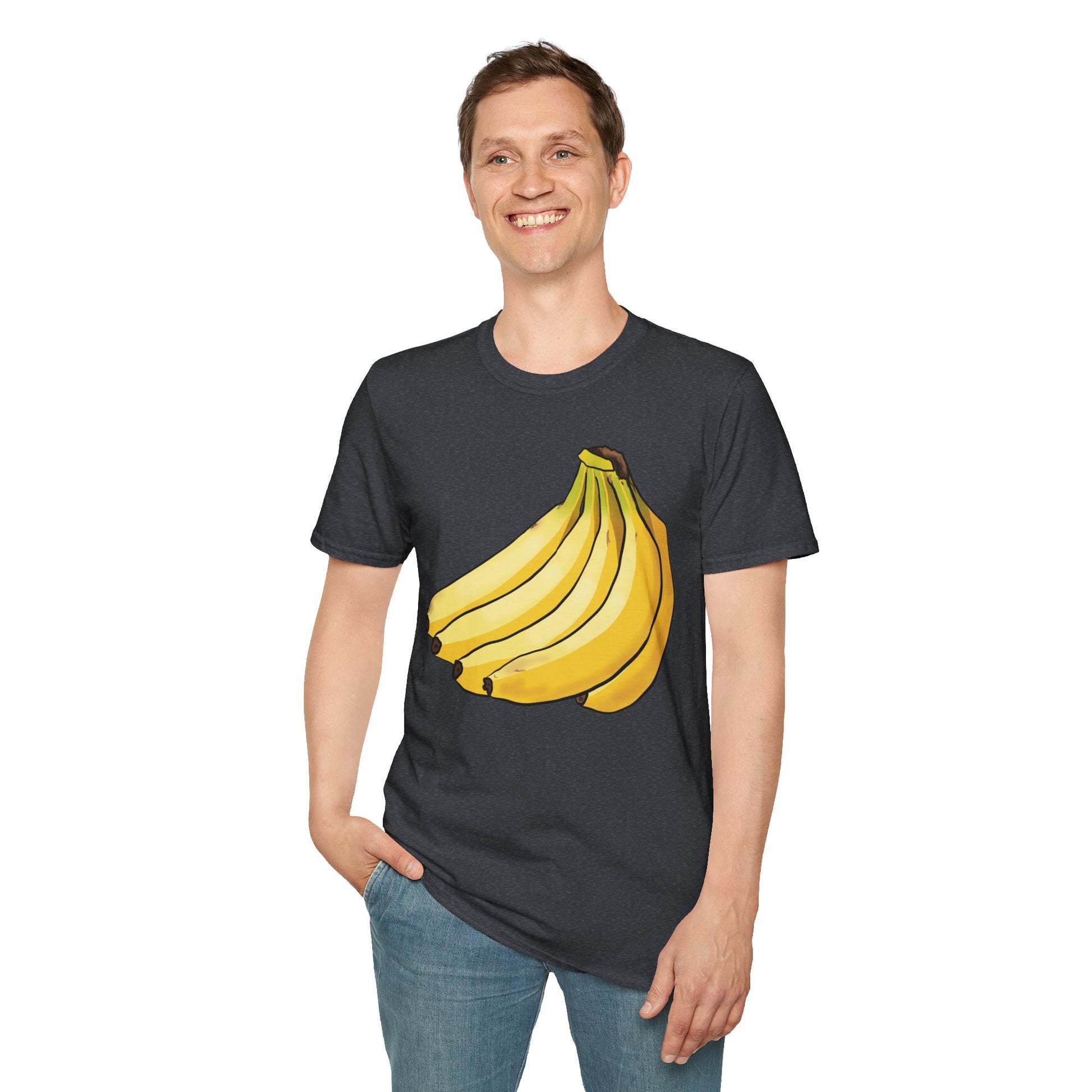 Man wearing a dark grey t-shirt featuring an illustration of a bunch of bananas.
