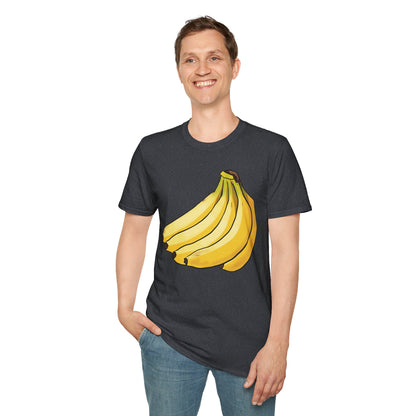 Man wearing a dark grey t-shirt featuring an illustration of a bunch of bananas.