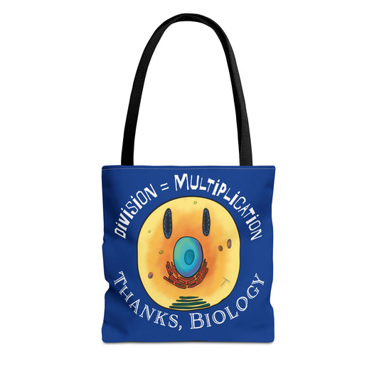 Biology Cell Division Tote Bag, Blue Canvas Bag with Smiley Face Cell, Funny Cell Bio Gift