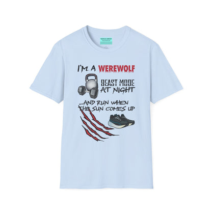 Light blue t-shirt featuring illustrations of kettlebells, dumbbells, and running shoes, with the phrase 'I'm a werewolf. Beast mode at night, and run when the sun comes up.'