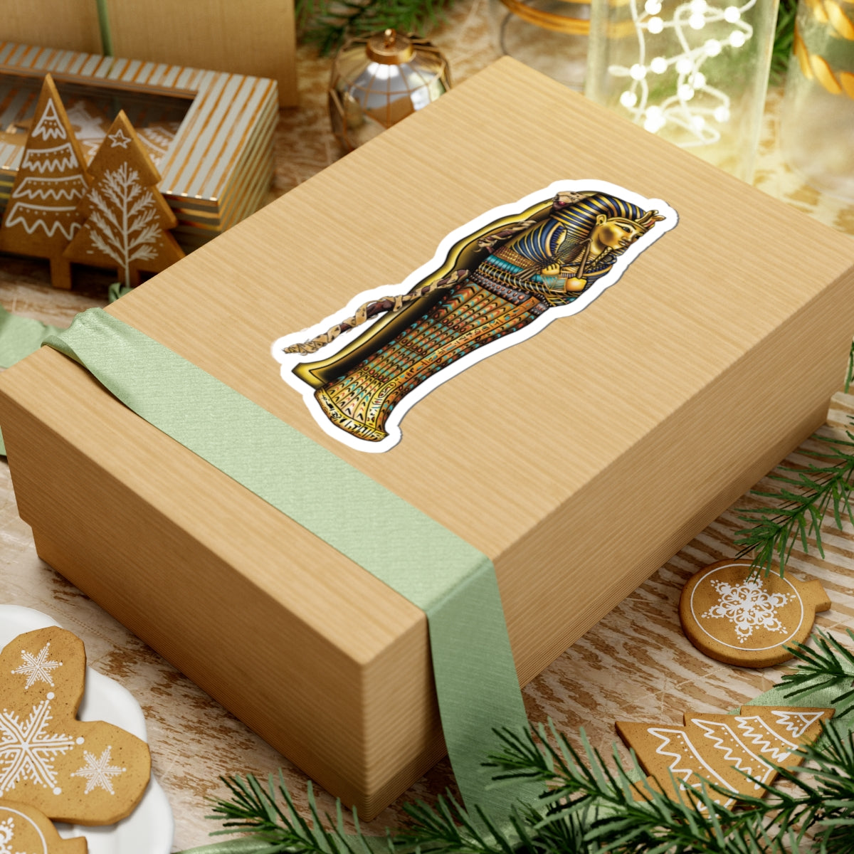 Egyptian Sarcophagus Vinyl Sticker, King Tut Mummy with Glowing Red Eyes Decorative Decal