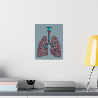 Medium poster displayed on a wall in an office setting, featuring an illustration of anatomical lungs with detailed bronchial tree, trachea, and larynx, set against a blue-grey background.