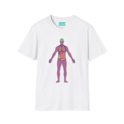 White t-shirt featuring an illustration of an anatomical figure with internal organs shown in different colors.