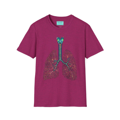 Fuscia t-shirt featuring an illustration of anatomical lungs, including the bronchi, trachea, and larynx.