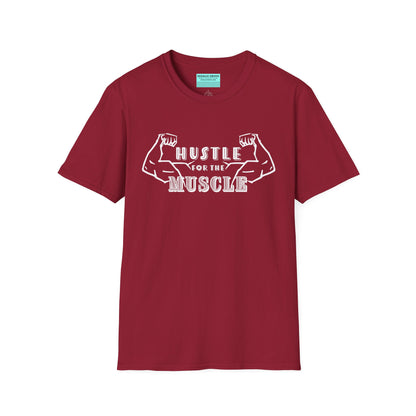 Red unisex short sleeve t-shirt featuring a pair of flexed, muscle-bound arms and the bold text "Hustle for the Muscle"—because gains don’t come from wishes, they come from reps.
