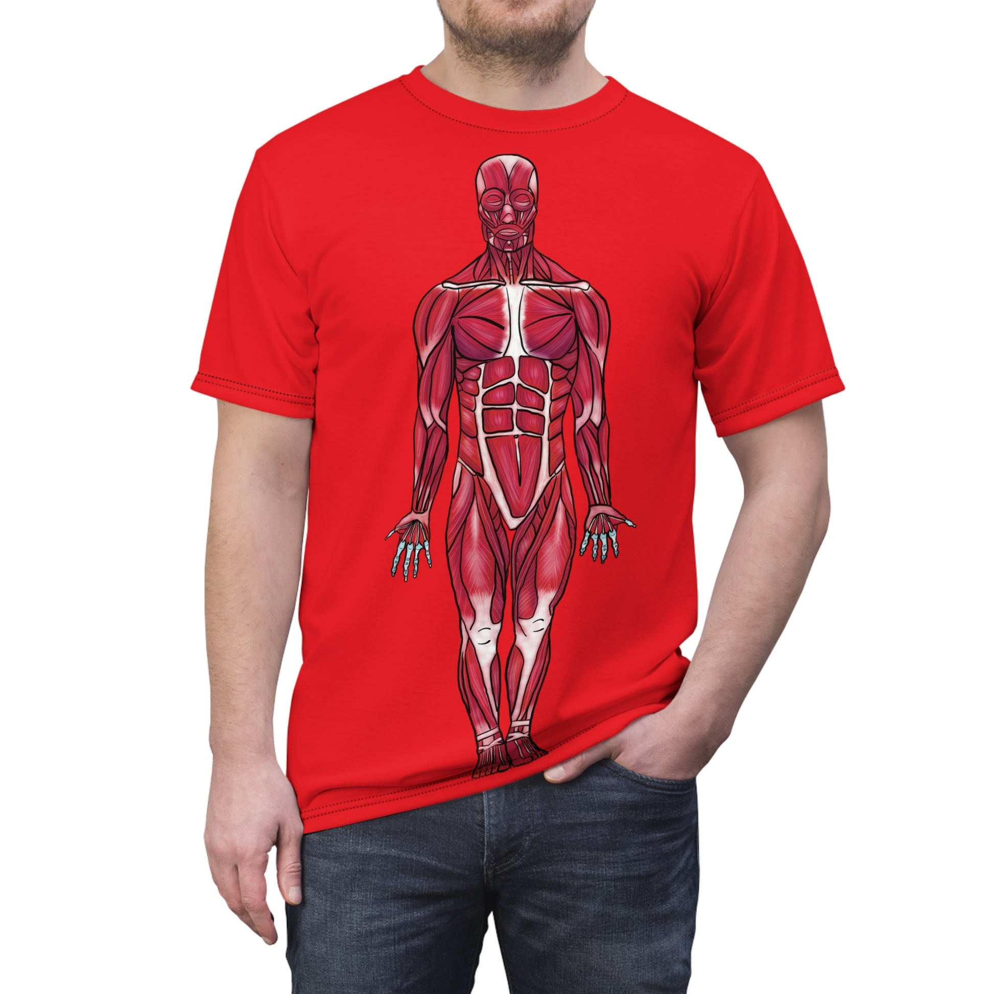 Man wearing a red athletic t-shirt featuring a detailed anterior view diagram of the human muscular system printed on the front.