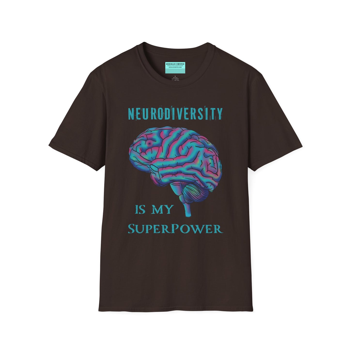 Brown t-shirt featuring an anatomical drawing of a brain, with the phrase 'Neurodiversity is my superpower' printed on it.