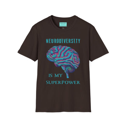 Brown t-shirt featuring an anatomical drawing of a brain, with the phrase 'Neurodiversity is my superpower' printed on it.