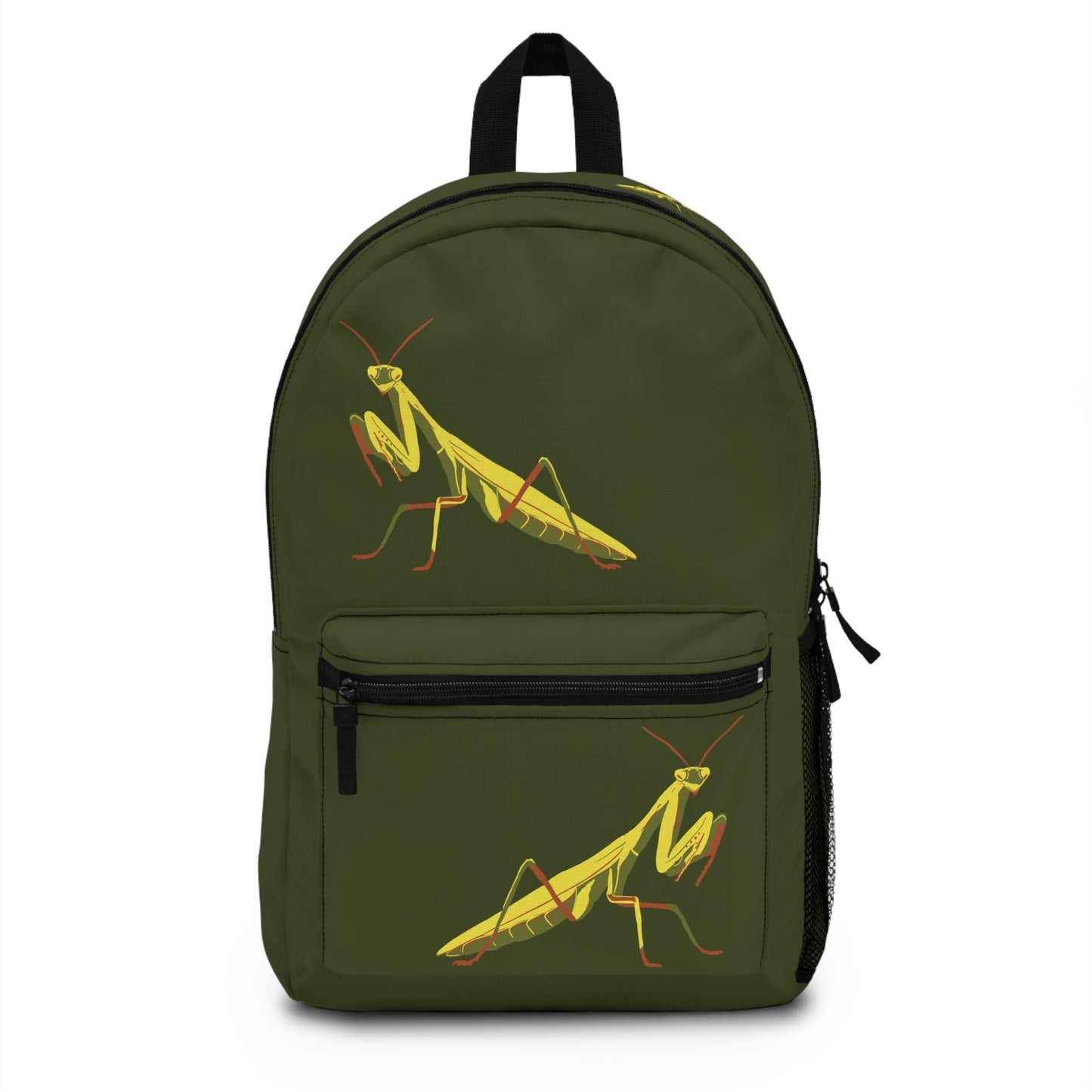 Praying Mantis Backpack, Army Green Canvas with Yellow Insect Design, Entomology Gift