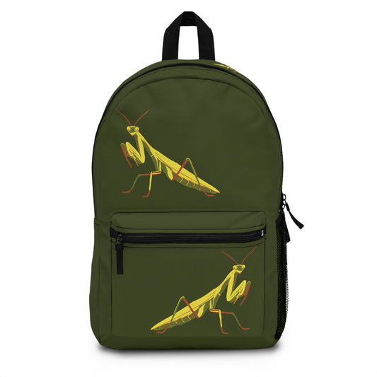 Praying Mantis Backpack, Army Green Canvas with Yellow Insect Design, Entomology Gift