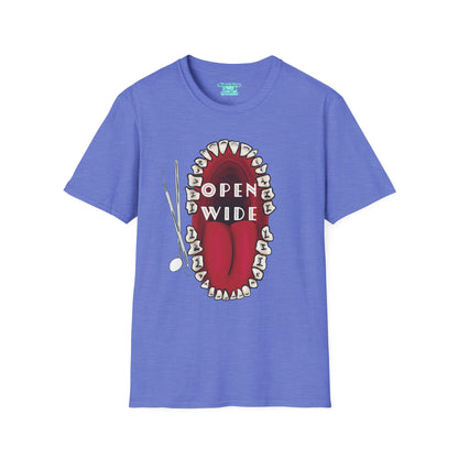 Dental Professional T-Shirt, Open Wide Design with Teeth and Dental Tools for Dentists and Dental Hygienists