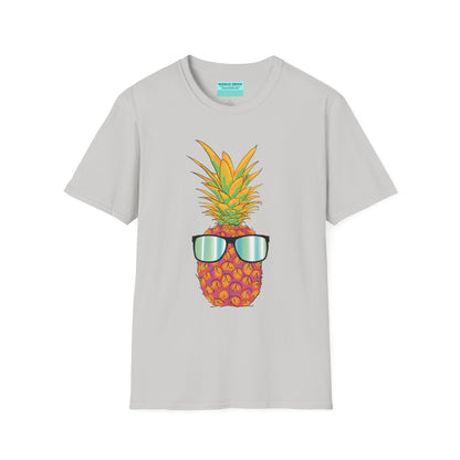 Grey t-shirt featuring a drawing of a pineapple wearing sunglasses.