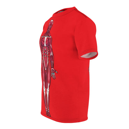 A side-angle view of a red athletic t-shirt featuring a detailed anterior view diagram of the human muscular system printed on the front.