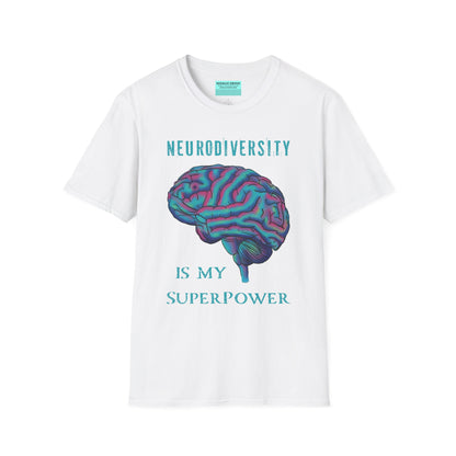 White t-shirt featuring an anatomical drawing of a brain, with the phrase 'Neurodiversity is my superpower' printed on it.