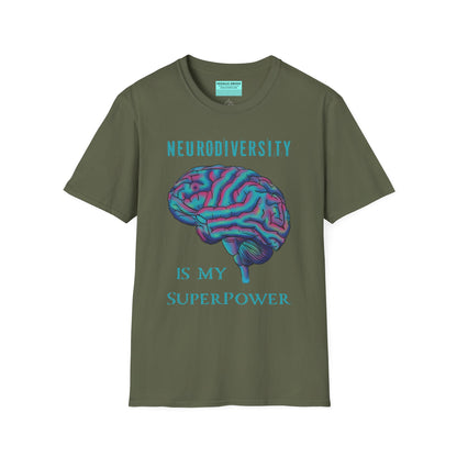 Military green t-shirt featuring an anatomical drawing of a brain, with the phrase 'Neurodiversity is my superpower' printed on it.