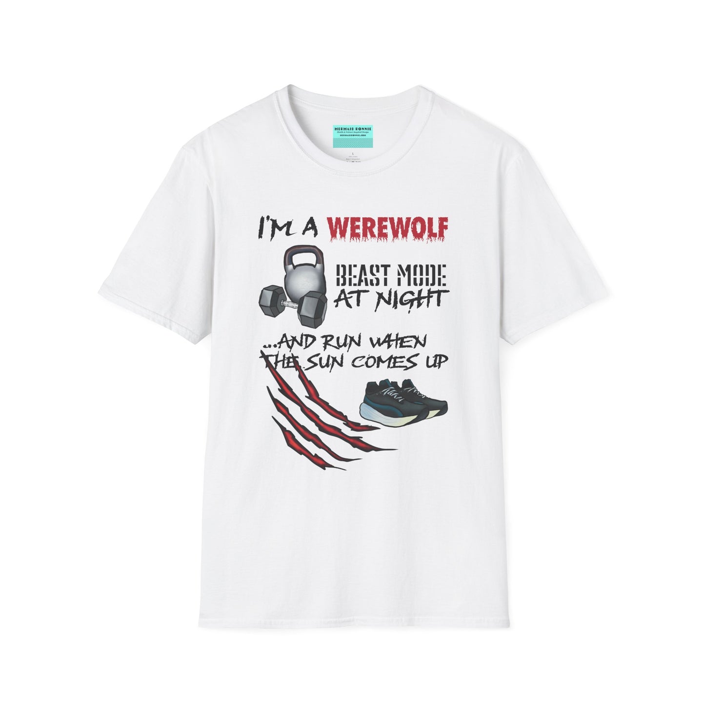 White t-shirt featuring illustrations of kettlebells, dumbbells, and running shoes, with the phrase 'I'm a werewolf. Beast mode at night, and run when the sun comes up.'