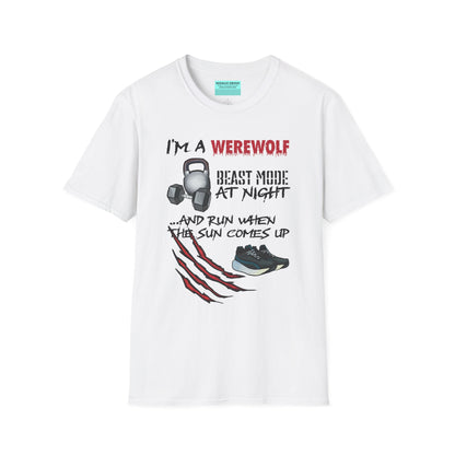 White t-shirt featuring illustrations of kettlebells, dumbbells, and running shoes, with the phrase 'I'm a werewolf. Beast mode at night, and run when the sun comes up.'