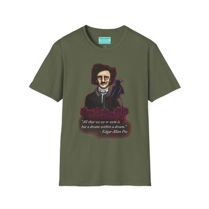 Green t-shirt featuring a drawing of Edgar Allan Poe with a raven perched nearby and red roses surrounding them, along with the quote 'All that we see or seem is but a dream within a dream.'
