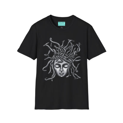 Black t-shirt featuring a grayscale drawing of Medusa.