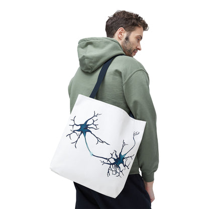 Neuron Tote Bag with Navy Blue Handles, White Bag with Brain Cell Illustration, Anatomy Gift