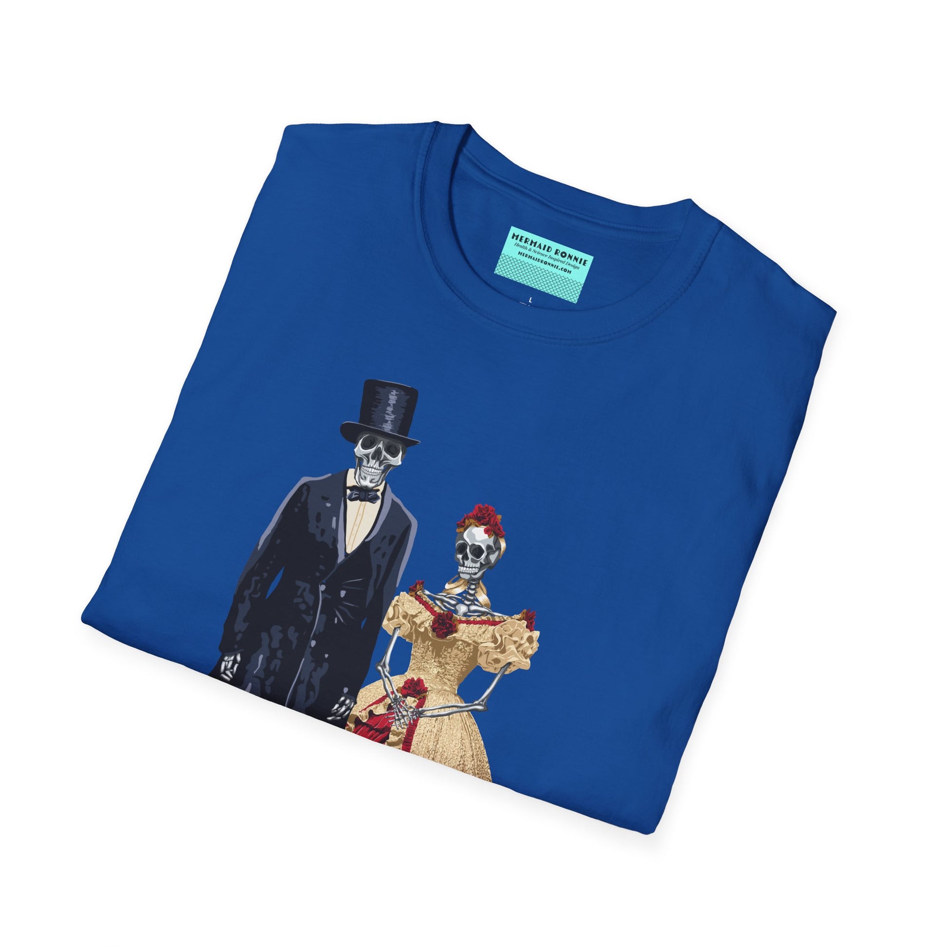 Folded blue t-shirt featuring illustrations of skeletons dressed as Abraham and Mary Todd Lincoln, with each skeleton wearing period-appropriate attire.