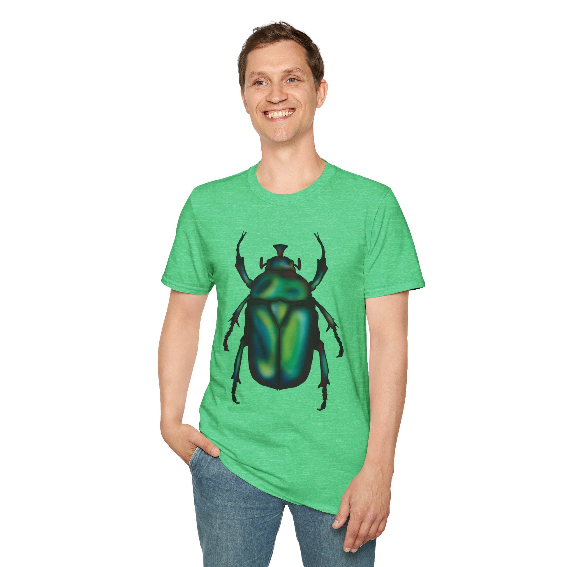 Man wearing a green t-shirt featuring an illustration of a June bug (green chafer beetle) across the chest.